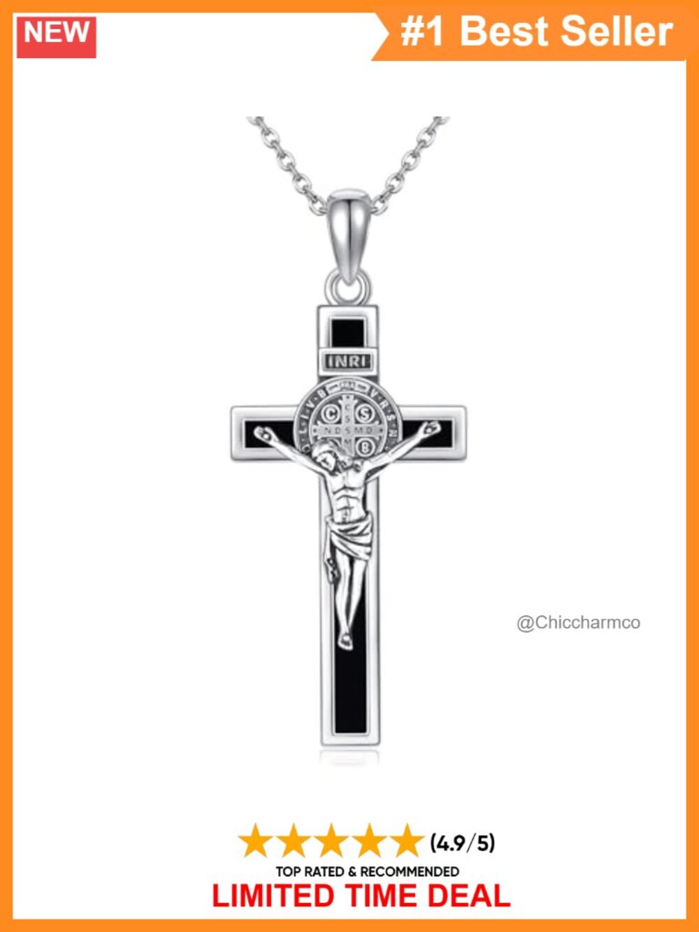 Sterling Silver Crucifix St Benedict Medal Pendant Necklace 18+2"